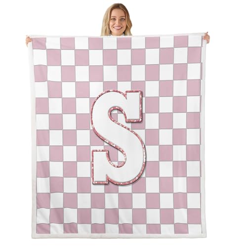 Image of Erosebridal Pink Initial S Sherpa Blanket Kawaii Plaid Checkered Fuzzy Plush Throw Cute Personalized Monogram Fleece Blanket for Kids Girls,Fashion Grids Gingham Decor for Bed Couch Baby 30 inchx40 inch