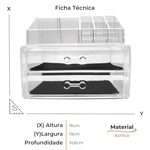 Organizador de Mesa Porta Maquiagem em Caixa Acrílica Gaveteiro Duplo com 2 Gavetas e 9 Nichos