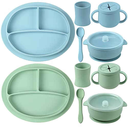 Image of 10 Pack Baby Feeding Set for Toddlers Silicone Baby Led Weaning Supplies Divided Suction Plates Suction Bowls for Baby Toddlers Spoons Drinking Cup Snack Cup Self Eating Baby Utensil, Green, Blue