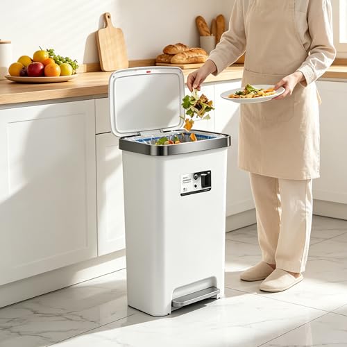 Image of Trash Can with lid,12 Gallon Slim Tall Garbage Can,White | Kitchen Trash Bin Step-on with Lid, Plastic Garbage Can with Stainless Steel Rim for Bathroom,Living room,Bedroom,Yard