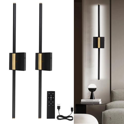 Afaiup Battery Operated LED Wall Lights, USB Rechargeable Dimmable wall lights with Remote Control, Black Gold LED Rechargeable Sconces,70CM Wireless Wall light for Bedroom Living Room Hallway, 2 Pack