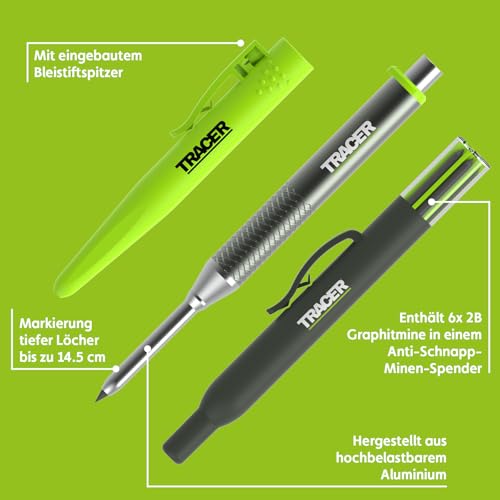 Tracer Pro Series Aluminium Tiefloch-Bleistift mit 6 Ersatzminen und dazugehörigen Standort-Holstern All-in-One-Bau-Markierungs-Set