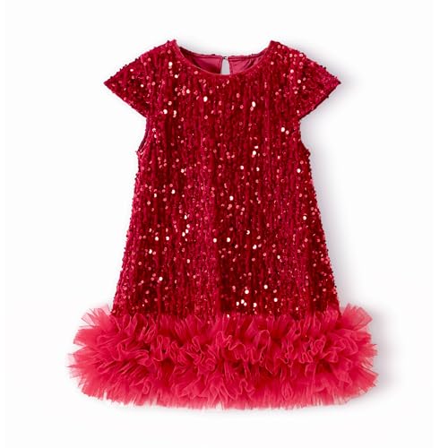 Image of Miipat Baby Girls Dress Velvet Sequin Cap Sleeve Toddler Girl Dresses Fall Winter Elegant Princess Kids Dress for Birthday Party Wedding (Red 120 4-5 Years)