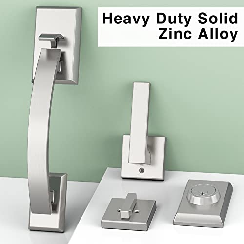 Image of Front Door Lock Set, Sliver Front Door Handle and Deadbolt Set Adjustable, 12.7in Satin Nickel Heavy Exterior Entry Handle Reversible