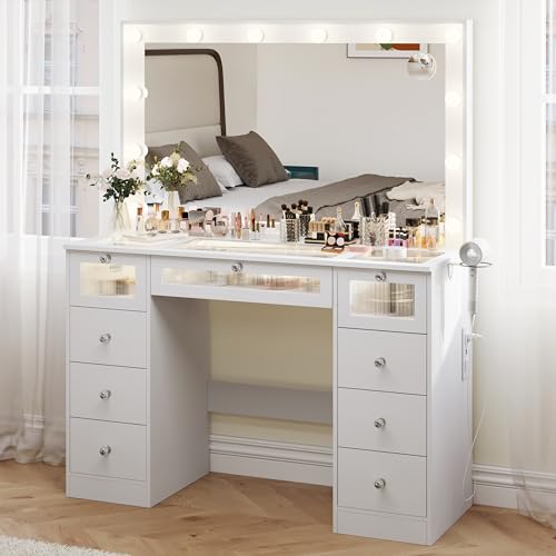 9 Drawers Makeup Vanity Desk with 36.9' Oversized Mirror and Lights, Vanity with Tempered Glass Top, Girls Make up Dressing Table with Power Outlet & 3 LED Lighted Acrylic Drawers Bedroom, White