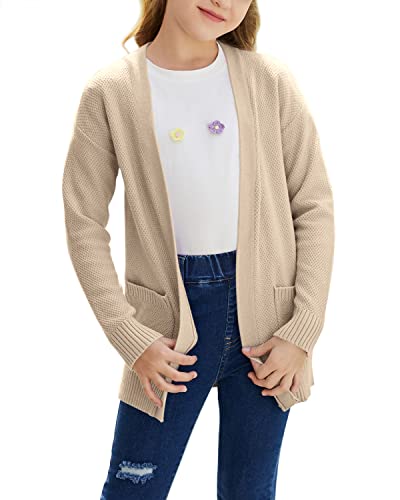 Image of Goranbon Girls' Cardigan Sweaters Open Front Long Sleeve Casual Sweater Coats with Pockets Beige