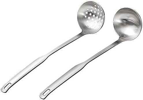 2 Pcs Soup Ladle Colander, Metallic Frosting Flatware Cookware Serving Long Handle Steel Slotted Spoon Cooking Utensil Set for Hotpot