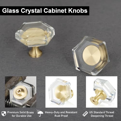 Image of QOGRISUN 5-Pack Crystal Cabinet Knobs, Gold Drawer Knobs, Hexagon 1-3 /8in
