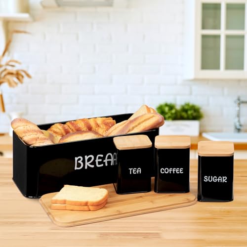 BEJOY 3-Piece Bread Bin and Canister Sets, Large Bread Box with Bamboo Lid, 3Pcs Bread Bins for Kitchen Tea Coffee Sugar Breadbin Sets, Black BEJOY 3-Piece Bread Bin and Canister Sets, Large Bread Box with Bamboo Lid, 3Pcs Bread Bins for Kitchen Tea Coffee Sugar Breadbin Sets, Black