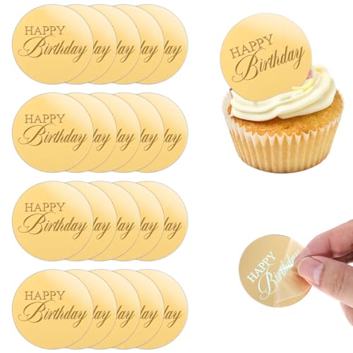 20Pcs Acrylic Cupcake Toppers, Round Gold Happy Birthday Cake Topper Happy Birthday Cake Disc for Birthdays Party Decor
