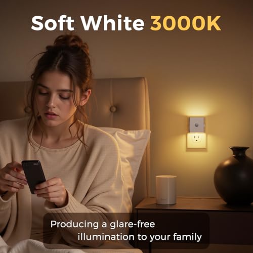 Image of L LOHAS LED Night Light,Plug in Night Light with Motion Sensor and Dusk to Dawn Sensor,[4-Pack] Brightness Adjustable,3000K Soft White, Nightlight for Bathroom Hallway Kitchen