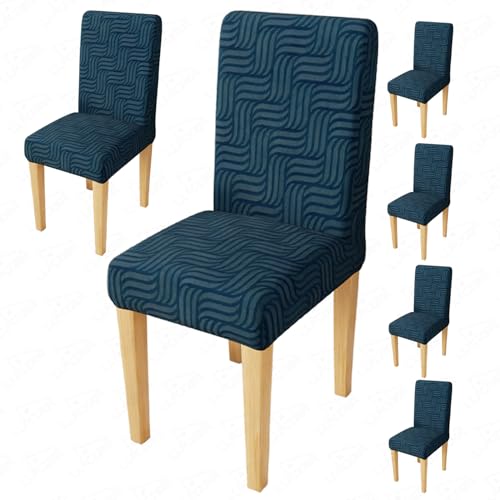 Image of Lukzer Elastic Dining Chair Cover - 6PC Pastel Marine Blue Ripple Lines | Textured High Stretch Jacquard Seat Cover | Removable Washable Short Dining Chair Cover Protector Seat Slipcover | (CC-166-06)
