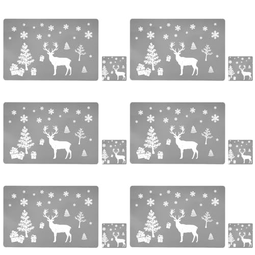 MQIAN 12 Pcs Set Christmas Placemats, 6 And Coasters, Grey, Perfect For 6 People, Christmas Dinner Table Decorations