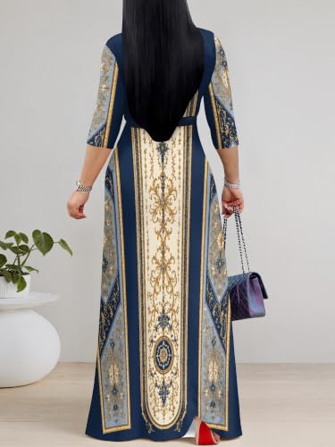 Image of Women's V Neck Floral Maxi Dress 3 /4 Sleeve Plus Size Boho Wrap Flowy Long Dresses with Belt