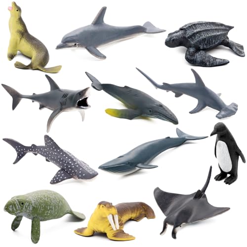 Fun Gift Sea Animal Toy Set,12 pcs Animal Sea Figures Ocean Toy for Kids, Realistic Set for Sea Lovers, Includes Great White Shark, Dolphin, White Shark, Whale for Age 3+
