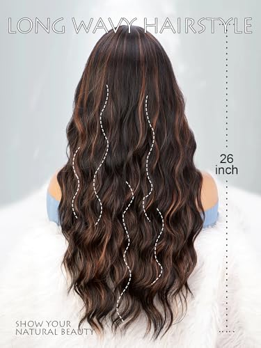 AISI BEAUTY Long Black mix Brown Wigs for Women 26 Inch Middle Part Curly Wavy Wig Natural Looking Synthetic Heat Resistant Fiber Wig for Daily Party Use(Black mix Brown) - Image 5