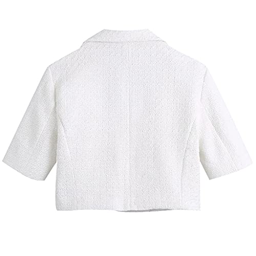 Straw Women Fashion Metal Button Tweed Cropped White Blazer Coat Vintage Short Sleeve Pockets Female Outerwear Chic Tops (Color : White, Size : M Code) #TOP2
