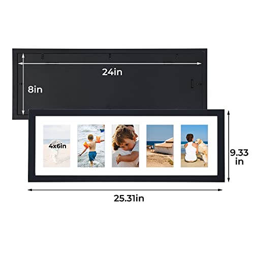 8X24 Black Collage Picture Frames With 5 Openings, Display Multiple Five 4X6 Photos Or 8X24 Without Mat, Wood Collage Frame Covered By Plexiglass Wall Mounting Horizontal Or Vertical #TOP3