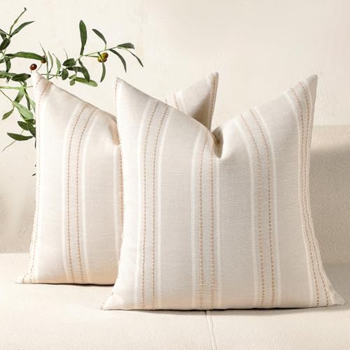 Hckot Hand Made Decorative Khaki Pillow Covers 18x18 Striped Throw Pillows Textured Linen Pillow Covers Farmhouse Decor Cushion Covers for Couch Bed Living Room, Khaki
