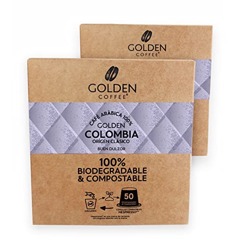 Cápsulas Café Biodegradables y Compostables Compatibles con Nespresso Especialidad Arábica | 2 cajas de 50 Cápsulas de Origen Colombia | Café Tostado Arábica 100% | Sabor Intenso | Golden Coffee Cover