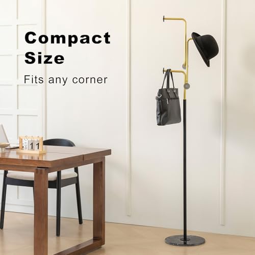 JIAYUEJU Standing Coat Rack, Metal Coat Tree with Bamboo Tray and 6 Hooks, Heavy Duty Marble Base Corner Coat Stand for Bedroom, Hallway, Entrance, Office 13.78 x 13.78 x 68.11 Inches by JIAYUEJU - Image 7