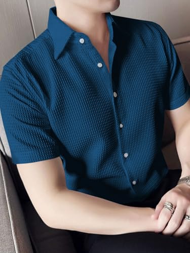 Image of GRECIILOOKS Shirt for Men | Mens Casual Shirt | Men Stylish Shirt | Men Waffle Shirt | Men's Regular Fit | Men Formal Shirt | Short Sleeve Shirt for Summer Outdoor Activities |Textured Shirts for Men