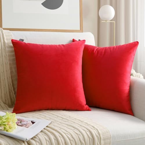 Thmyo 2 Pack Soft Velvet Solid Decorative Square Throw Pillow Covers Cozy Cushion Case for Sofa Couch Bed Car Home Decor(18x18inch/ 45x45cm Red)
