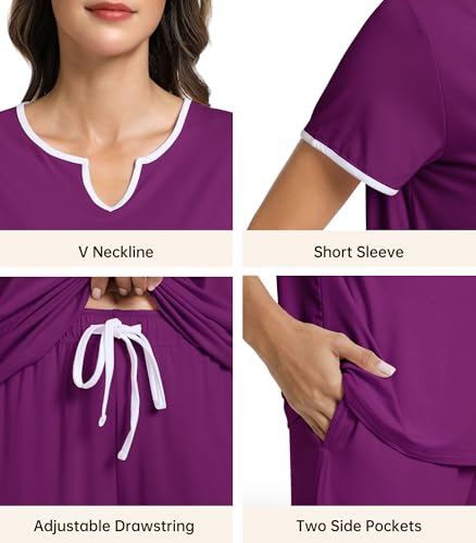 Image of NACHILA Women's Pajamas Set-Viscose Made from Bamboo,Short Sleeve Sleepwear Soft Pjs with Capri Pants Loose Loungewear