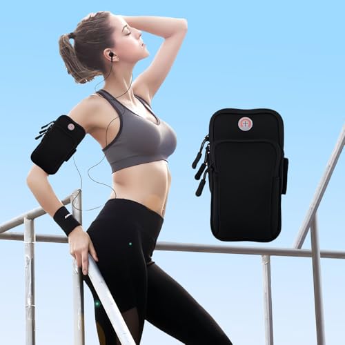 Braçadeira esportiva, braçadeira de corrida com orifício para fone de ouvido, bolsa de braço universal para smartphone, bolsos multifuncionais para iPhone 16/15/14/13/12/11/XR
