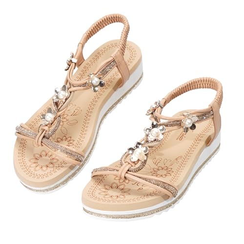 JOMIX Sandales Femme Bohème Sandales Compensées Légères Sandales Nu-pieds Confortables et Élégantes Sandales Mode Chic pour Vacances Plage et Été (KHAK,37)