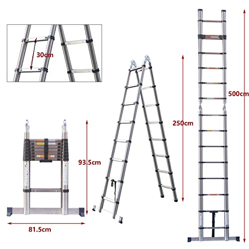 Telescoping Ladder A-Frame Multi-Purpose Stainless Steel Extension Ladder, 2 In 1 Collapsible Ladders For Home- As 16.4Ft Straight Ladder + Herringbone Ladder, 330Lb Capacity, For Roof, Ceiling, Attic #TOP2