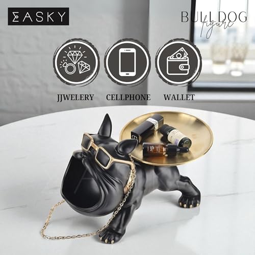 Image of Bulldog Resin Storage Tray | Decorative Dog Statue with Sunglasses | Multifunctional Remote, Key & Coin Holder for Home, Office, Entryway, or Living Room Decor (Black)