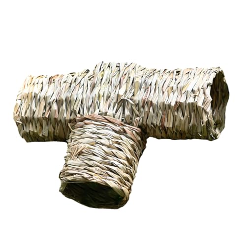 Didiseaon Nid pour Hamster en Paille Naturelle Tissé Main Tunnel de Jeu 4 Ouvertures Dimensions 12 X 32 X 22 CM Maison pour Animaux de Compagnie Ludique pour Hamster et Petits Rongeurs