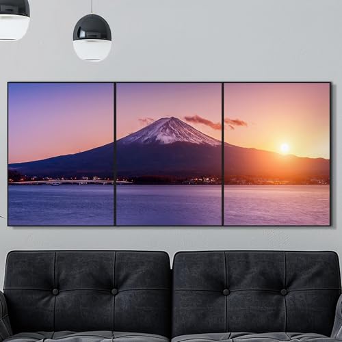 富士山油絵 北欧風絵画。キャンバスに描かれた壁掛けアートプリントで、アルミニウム合金フレーム付き。耐久性のある頑丈なバックボードを使用しており、厚さ2.5cm、サイズ40x30cmの3枚セットです。