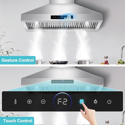 48 inch Range Hood Wall Mount, 1500 CFM with 4-Speed Gesture Sensing & Touch Control, Stainless Steel Ducted Kitchen Stove Vent Hoods with 4 LED Lights, Time Setting, Dishwasher-Safe Baffle Filters - 1