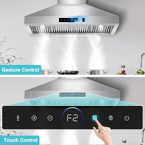 Image of 48 inch Range Hood Wall Mount, 1500 CFM with 4-Speed Gesture Sensing & Touch Control, Stainless Steel Ducted Kitchen Stove Vent Hoods with 4 LED Lights, Time Setting, Dishwasher-Safe Baffle Filters