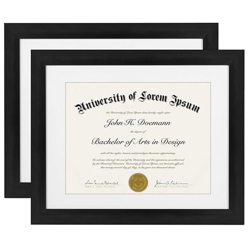 Americanflat 11x14 Diploma Frame with Shatter-Resistant Glass - Set of 2 - Use as 8.5x11 Frame with Mat or Display 11x14 Documents Without Mat - Certificate Frames with Engineered Wood - Black
