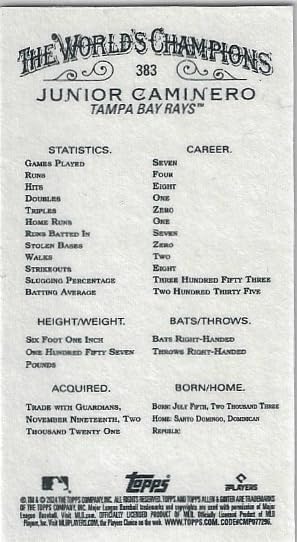 Junior Caminero Exclusive Rip Card Rookie Card Short Print Mini Tobacco Size Special Insert Collectible Trading Card - 2024 Topps Allenn & Ginter Baseball Card #383 (Rays)