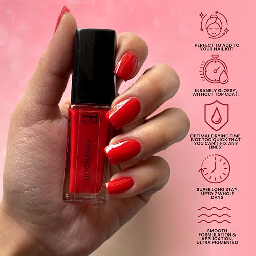 Image of Ellement Co Rosewood Nail Paint 10 ML | Classic Red Nail Colour with Glossy Finish | Long Lasting & Chip Resistant Formula | Smooth Professional Application | Vegan, Non-Toxic & Paraben Free Nail Polish for Festive, Party, Wedding & Everyday Glam Look