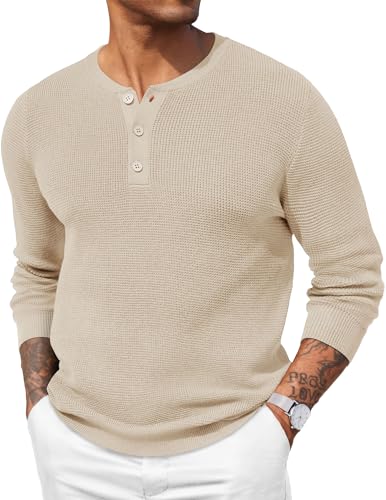 COOFANDY Men's Waffle Henley Shirts Crewneck Lightweight Sweater Long Sleeve Causal Knitted Pullover T Shirt