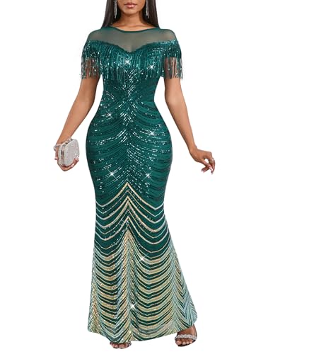 Image of Cololura Sexy Sequin Tassel Mesh Perspective Party Cocktail Bodycon Evening Club Maxi Dress