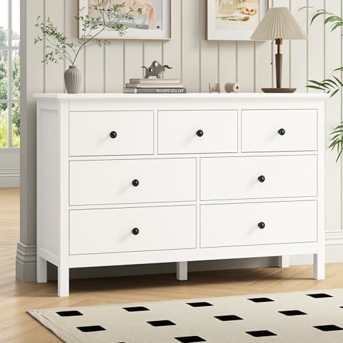Image of LYNSOM White Dresser for Bedroom with 7 Drawers, 47'' Wide Modern Chest of Drawer with Black Handles, Wood Storage Dresser TV Stand Dressers for Closet, Living Room, Kids Room, Entryway