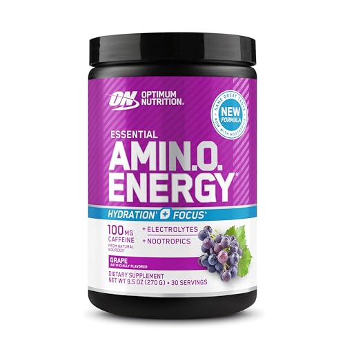 Image of Optimum Nutrition Amino Energy Powder Plus Focus, with BCAA, Electrolytes, and Caffeine, Grape, 30 Servings (Packaging May Vary)