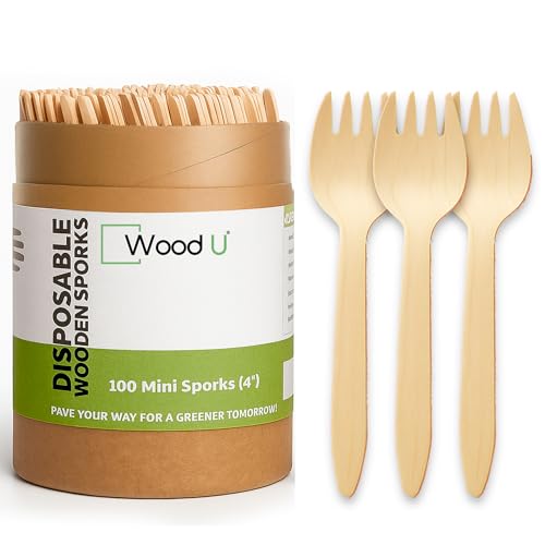 Mini wooden spork disposable Perfect for Dessert, Appetizers, Cocktails, Eco-Friendly spork wood for sample & tasting, Biodegradable & compostable | 100% All-Natural - Pack of 100-4” by WoodU