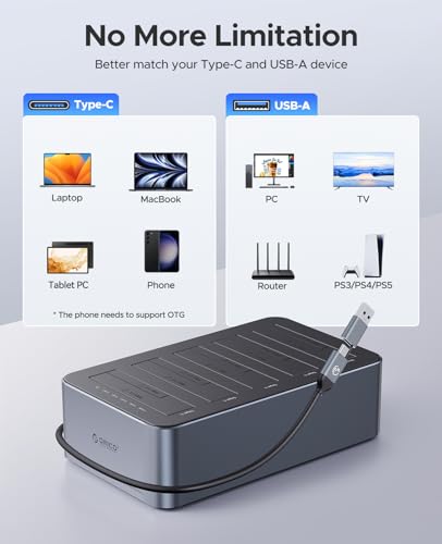 ORICO USB C 5 Bay Hard Drive Cloner/Duplicate Hard Drive Docking Station Aluminum USB 3.2 Gen 1 for 2.5\'\'/3.5\'\' SSD HDD Up to 20TB-6656C3