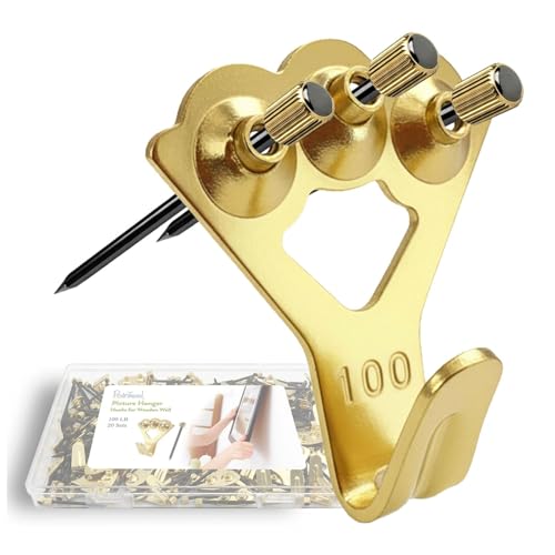 Image of Picture Hangers Heavy Duty, Extra Thick, 100 lb, Decorative Hanging Hooks Hardware for Drywall and Plaster Walls with Large Nailers and Nails, Painting, 20pcs, Gold