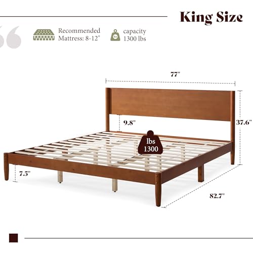 Image of AMERLIFE Solid Wood King Bed Frame, Mid Century Bed with Headboard, Brown