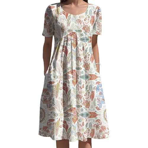 Ethnic Symbol Midi Dress Warm Earth Tone for Women Outdoor Daily Holiday Outfit with Side Pockets and Boho Style Teal Red Medium