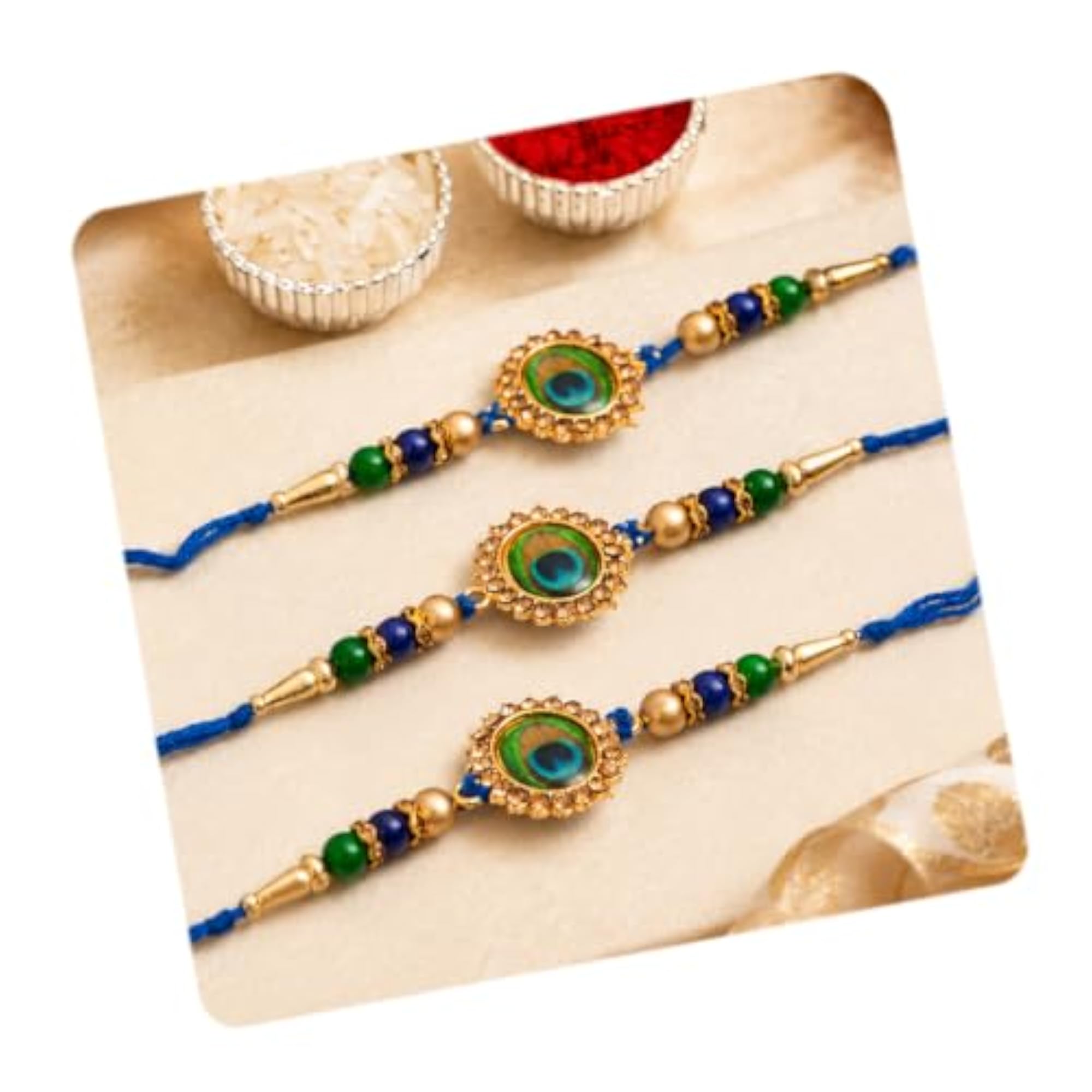 Peacock Feather Rakhi Bracelet Set of 3 for Rakshabandhan