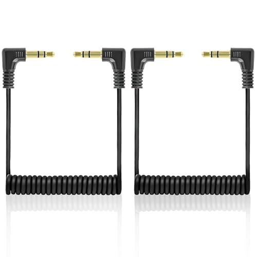 BIVOFU Lot de 2 câbles audio en spirale de 3,5 mm - Mini câble de 50 cm - Coudé à 90 degrés - Prise TRS de 3,5 mm - Câble audio stéréo auxiliaire spiralé